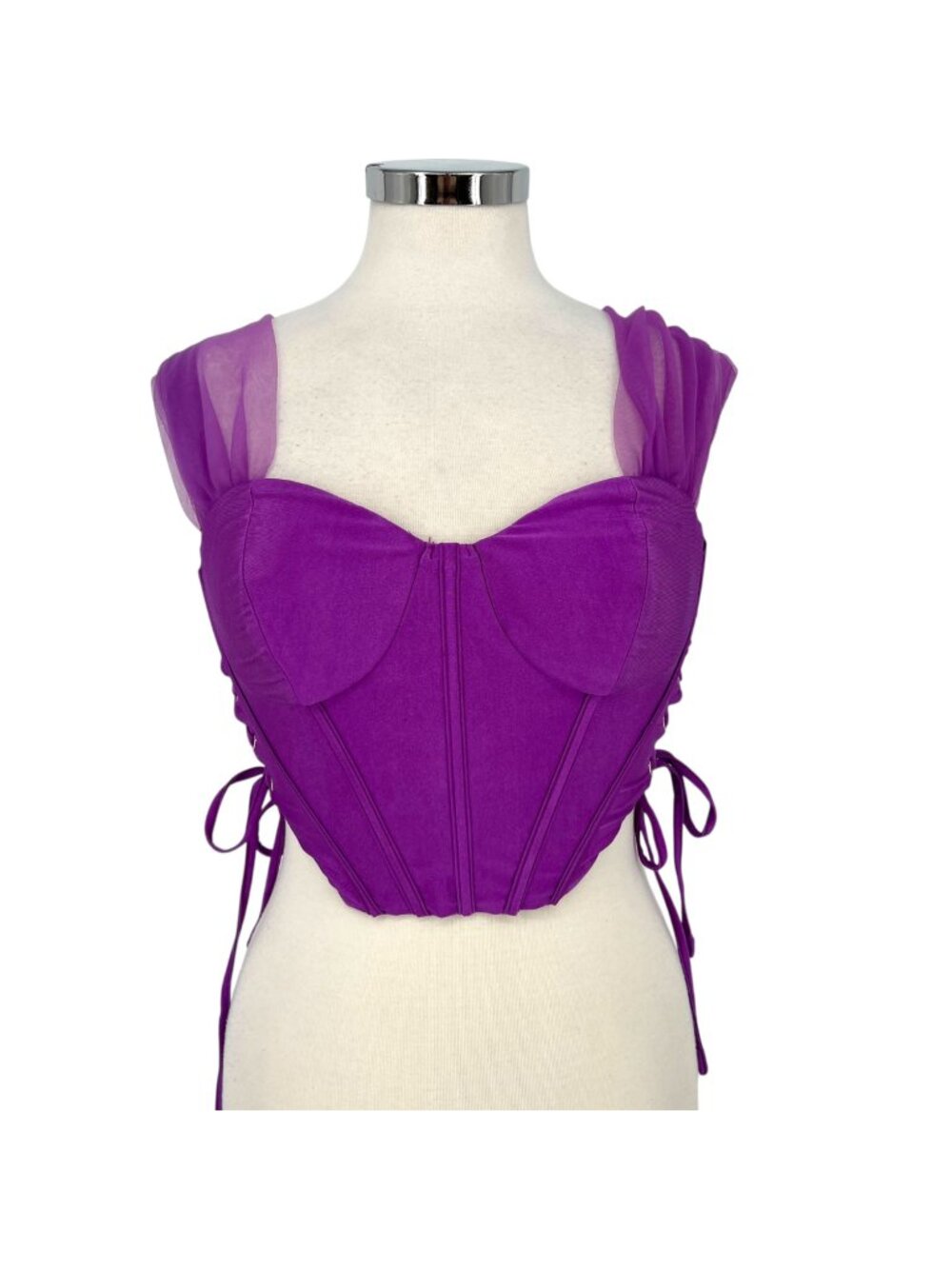 Privy Corset Style Mesh Crop Top Purple Sheer Sleeve Medium NWT Fairycore Goth